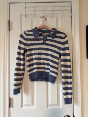American Eagle Striped Knit Polo Sweater in Blue and Cream